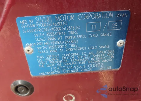 2006 Suzuki Grand Vitara Xsport from USA, damaged, VIN JS3TD944564100892